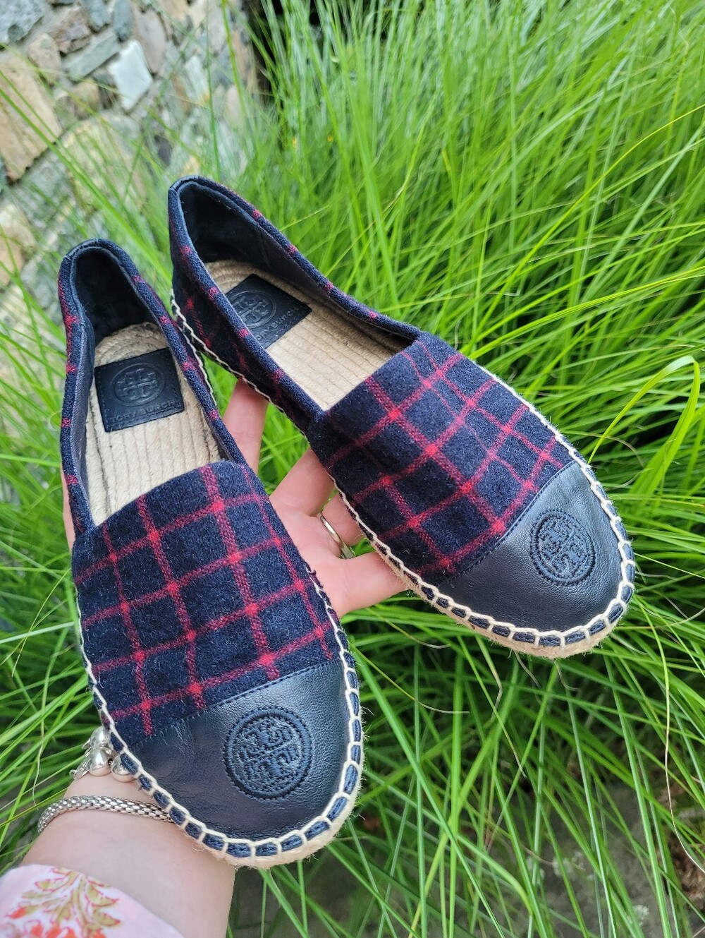 Tory Burch Max Espardrille Slide On Plaid Check Shoes Colorblock